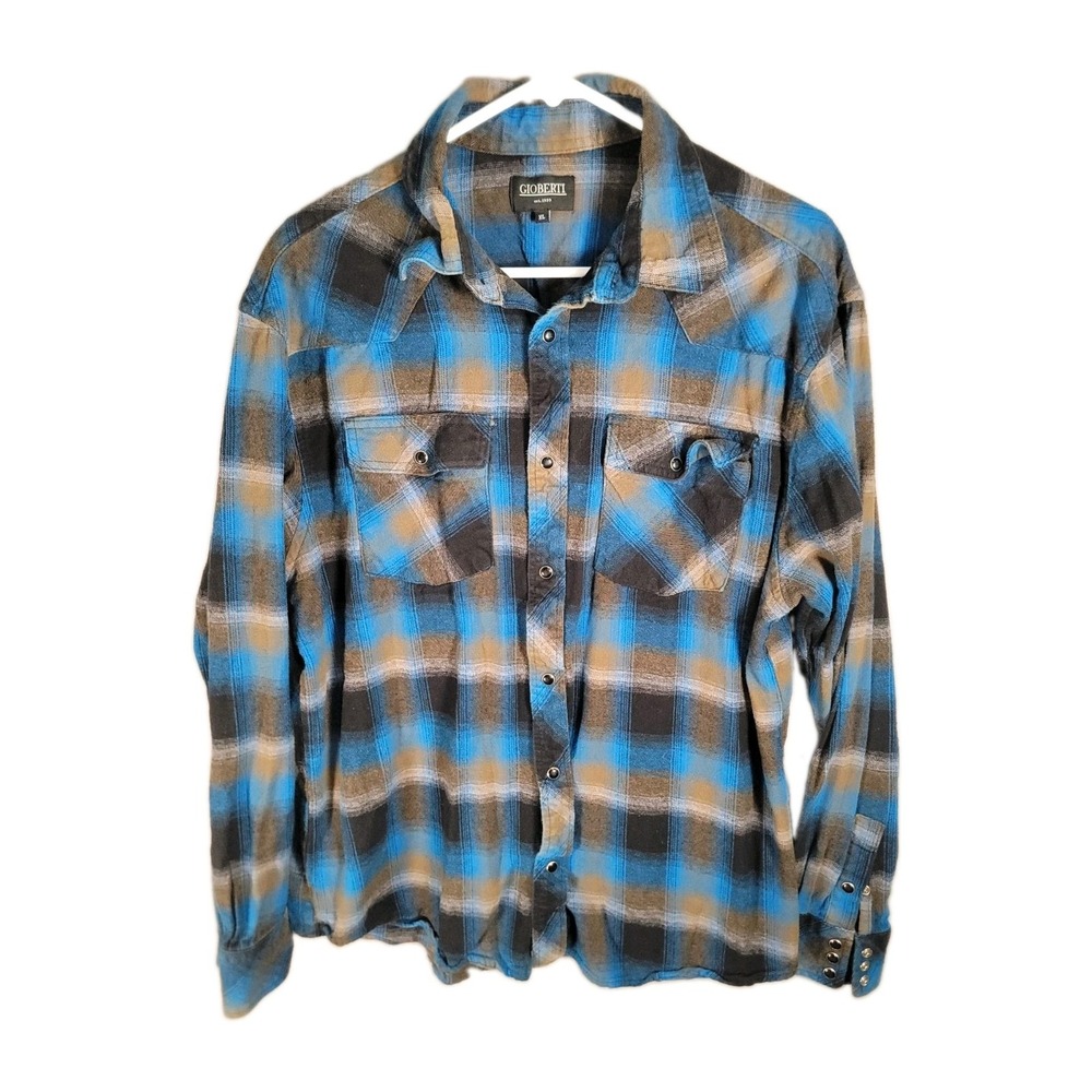 Gioberti Western Flannel Shirt Mens XL Blue Plaid Pearl Snap Cowboycore